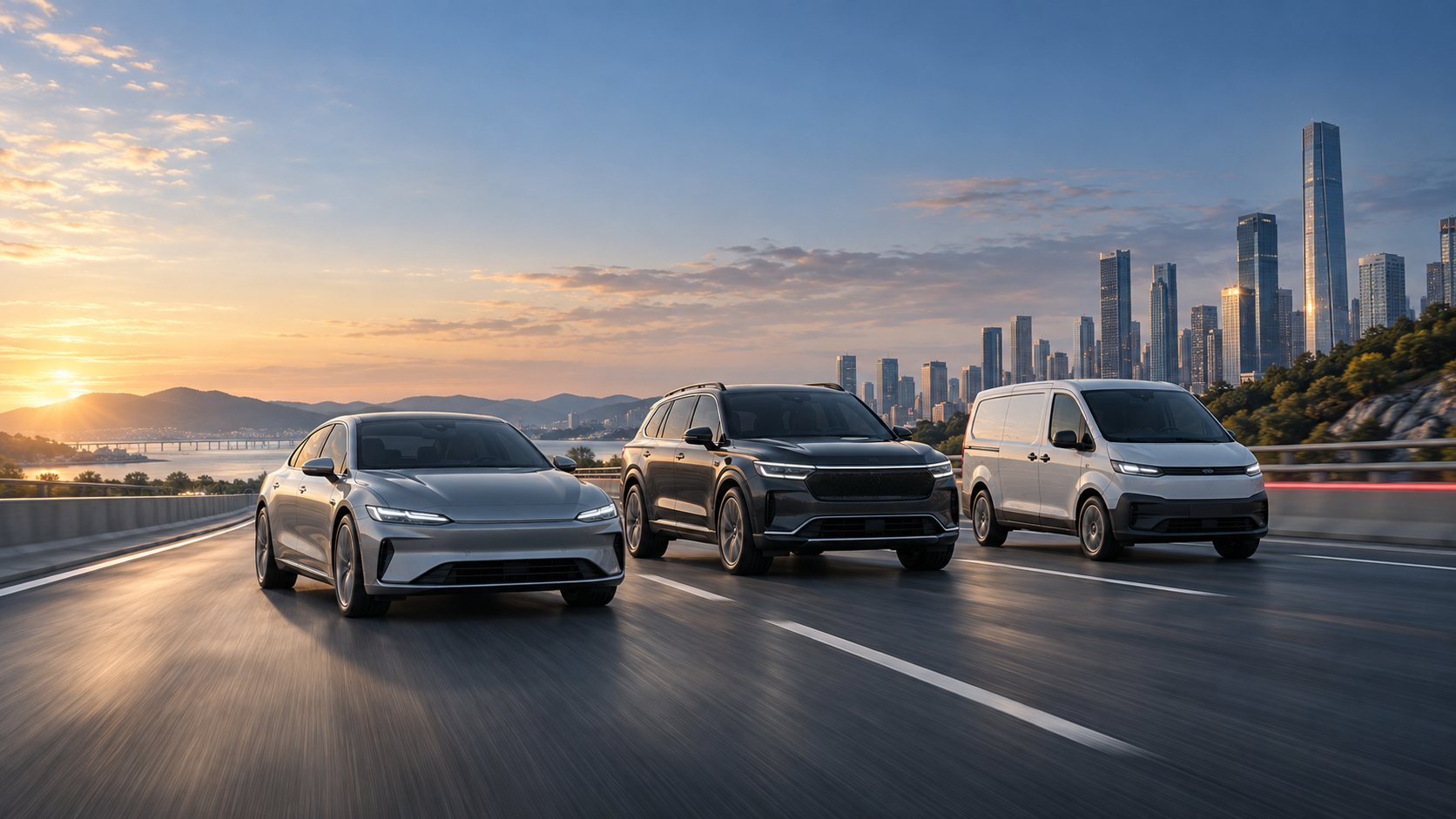 Passenger car, SUV, and commercial van traveling together